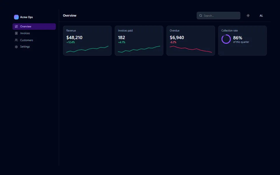 React admin dashboard layout, in the dark theme