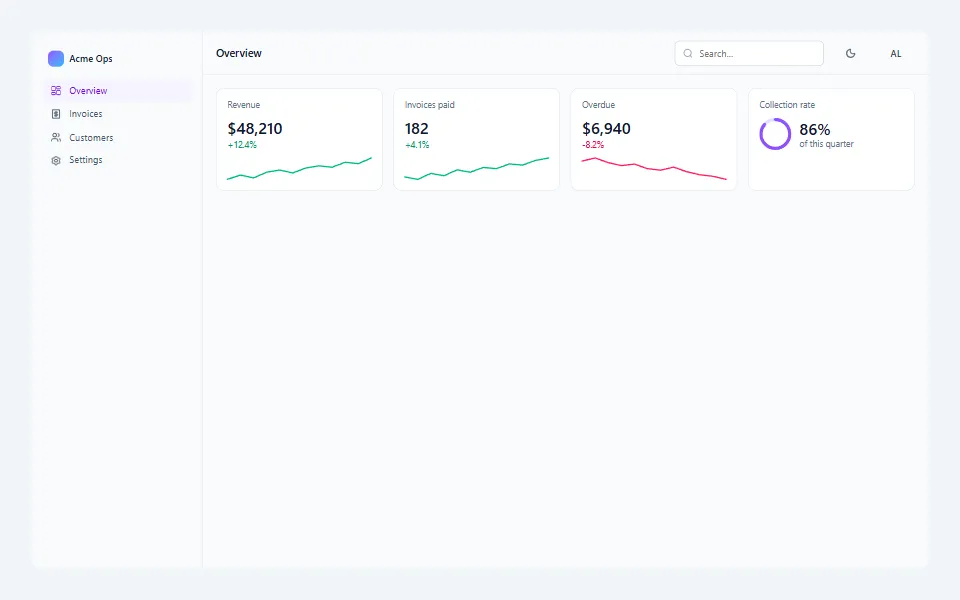React admin dashboard layout, in the light theme