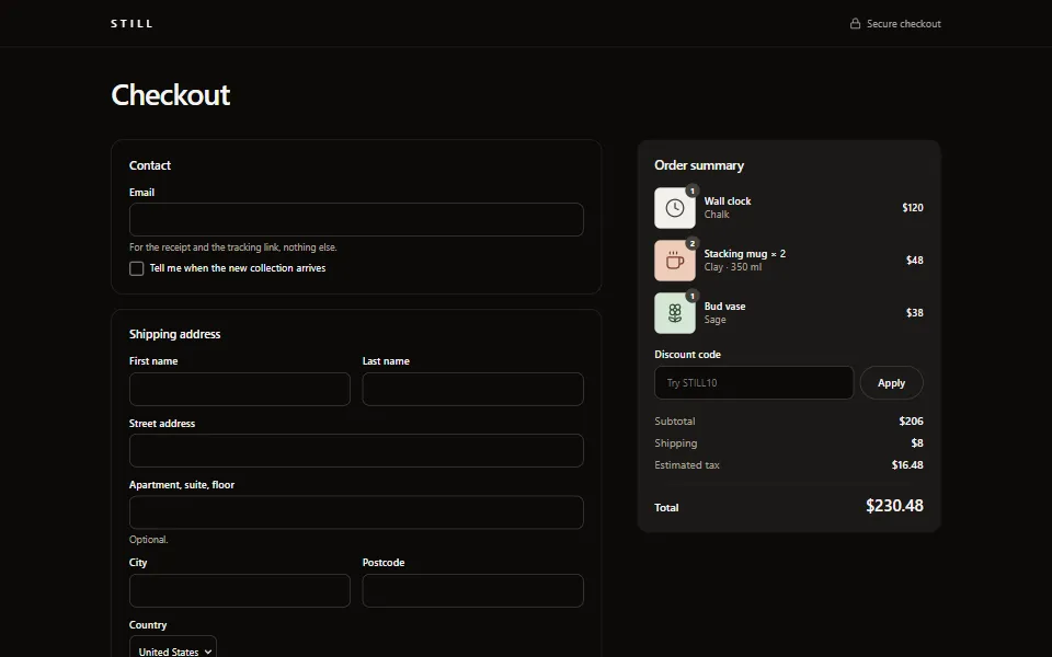 React checkout page template, in the dark theme