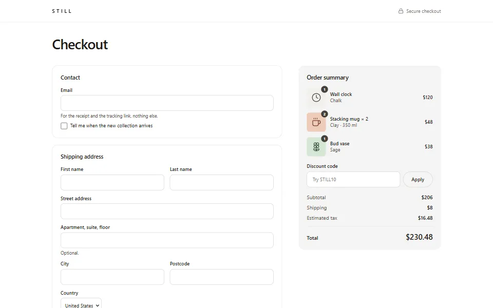 React checkout page template, in the light theme