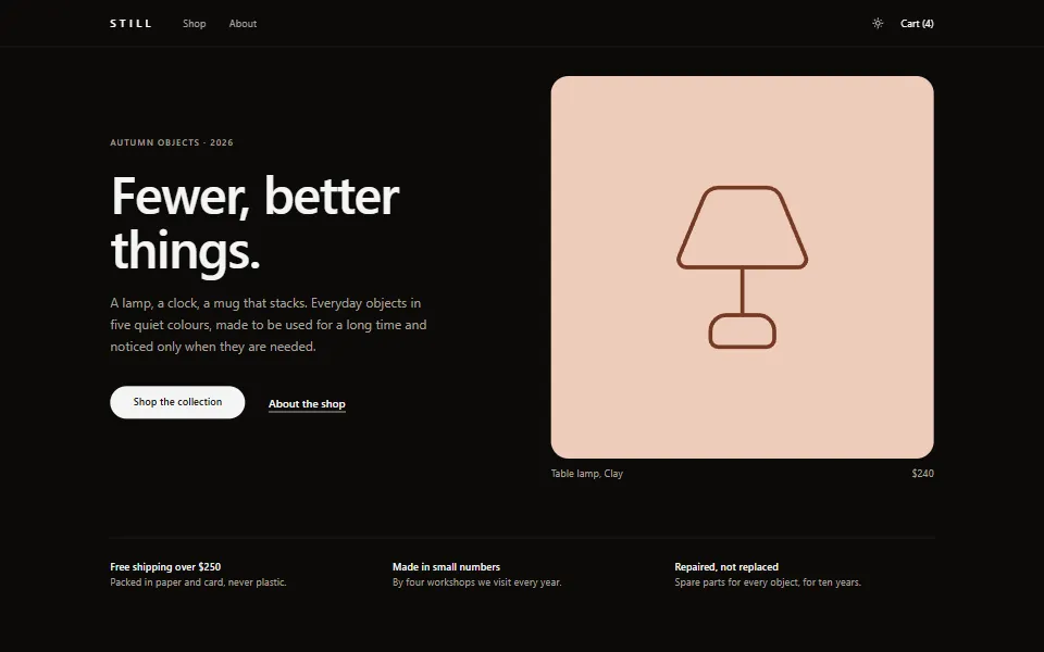 React ecommerce storefront template, in the dark theme