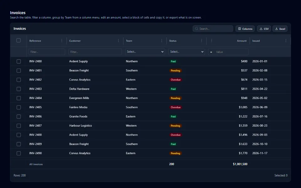 React invoice data grid, in the dark theme