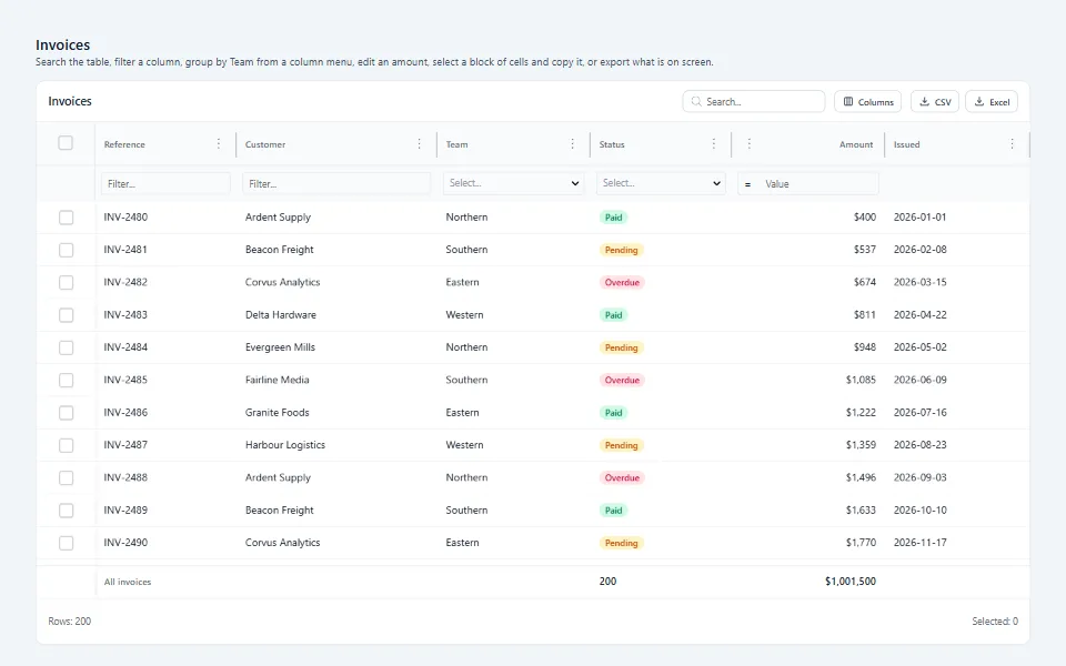 React invoice data grid, in the light theme