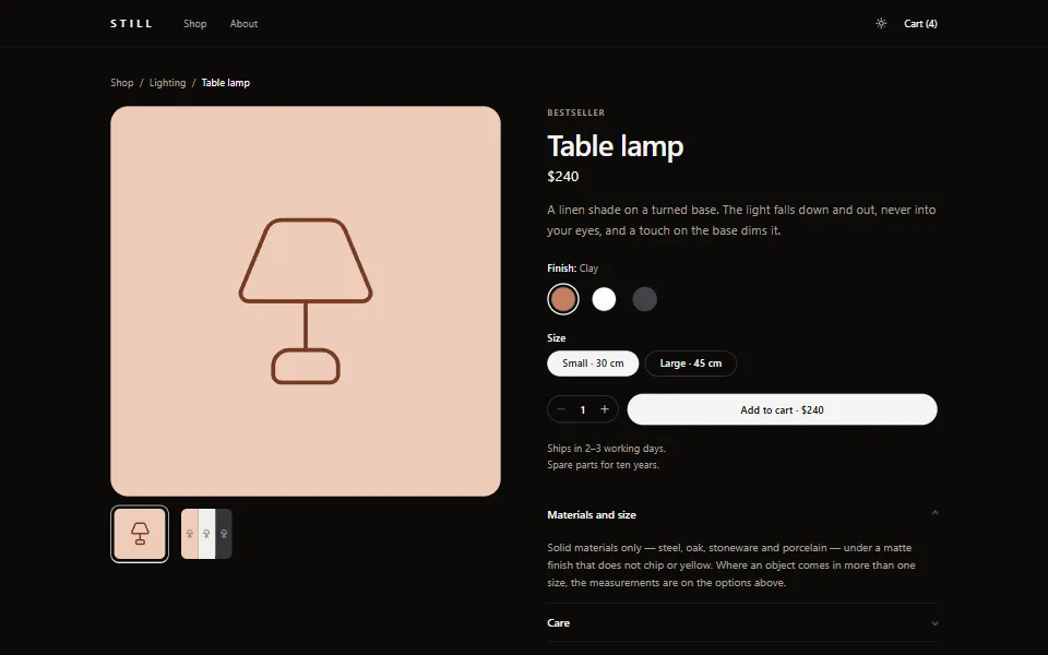 React product page template, in the dark theme