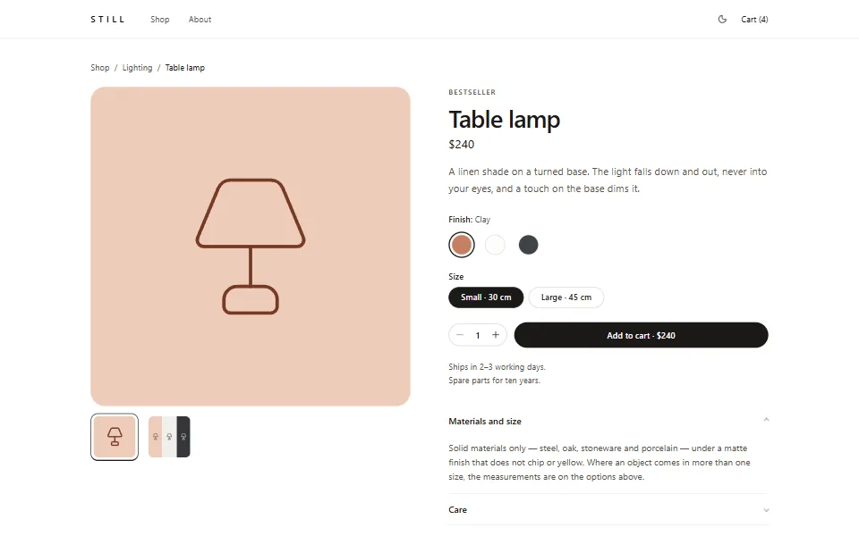 React product page template, in the light theme