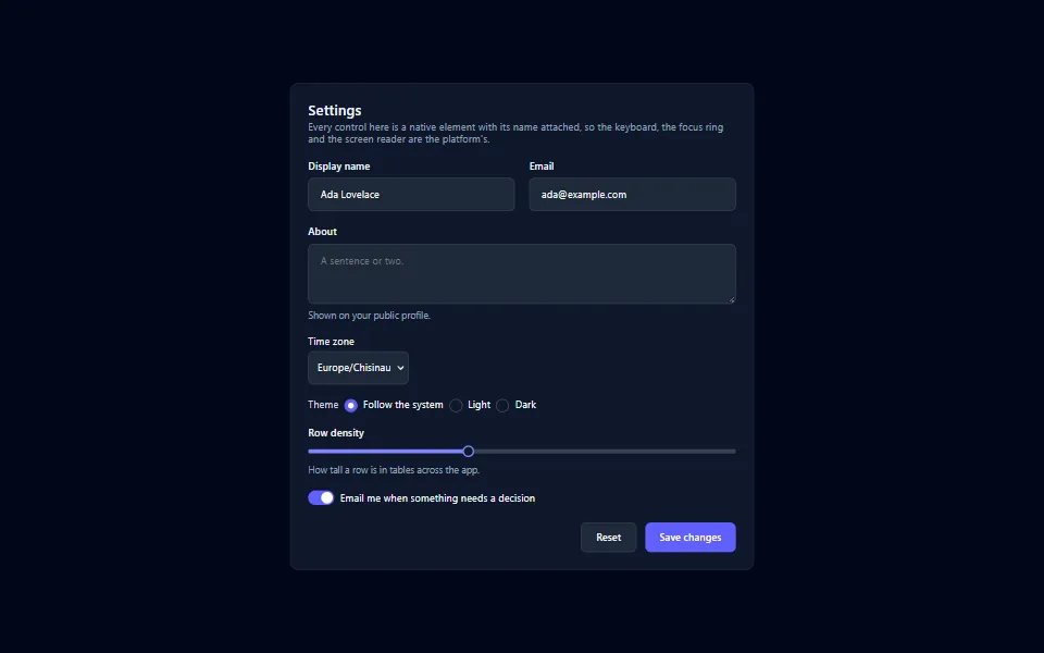 React settings form, in the dark theme