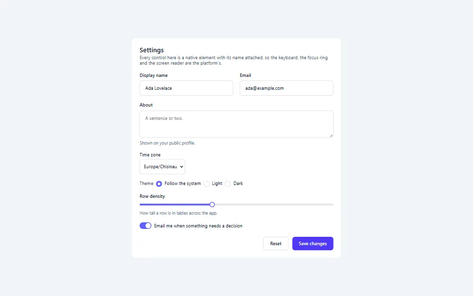 React settings form, in the light theme