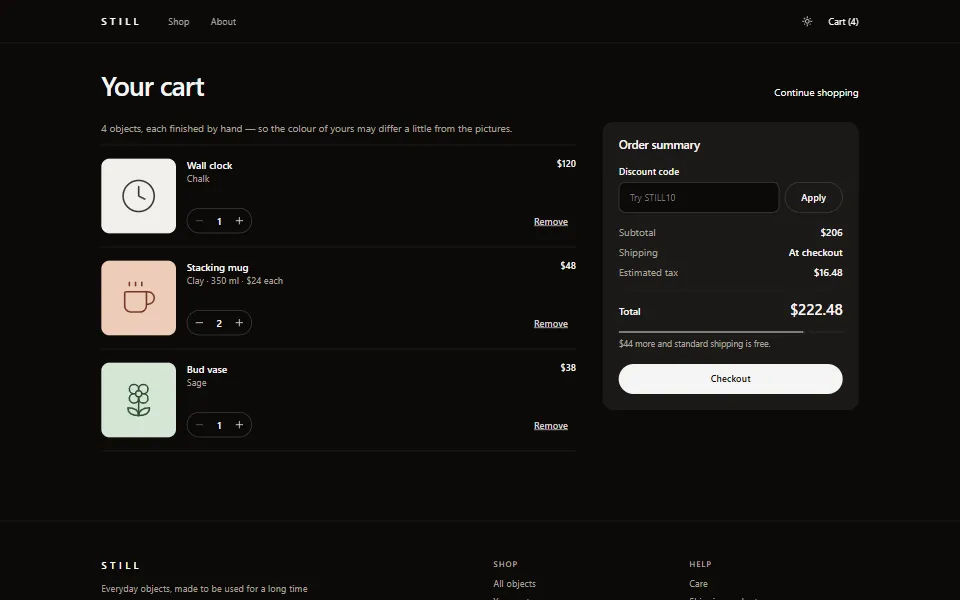 React shopping cart page template, in the dark theme