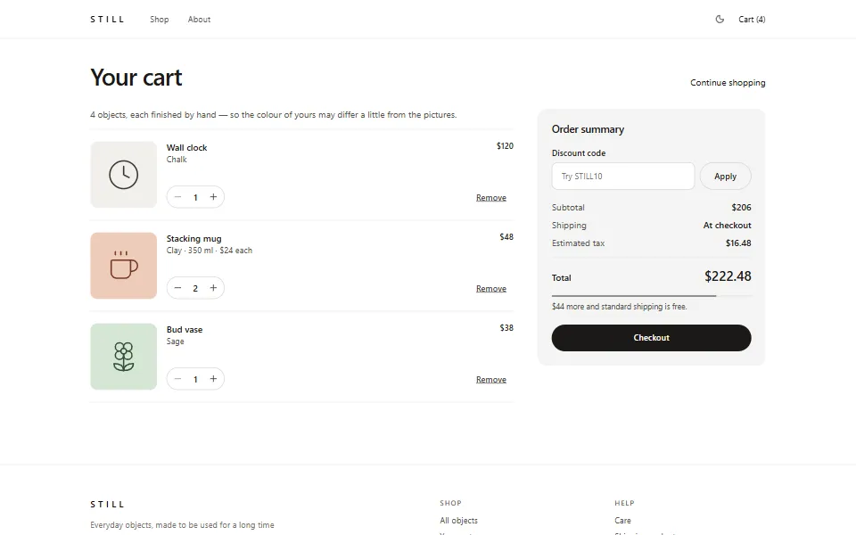 React shopping cart page template, in the light theme